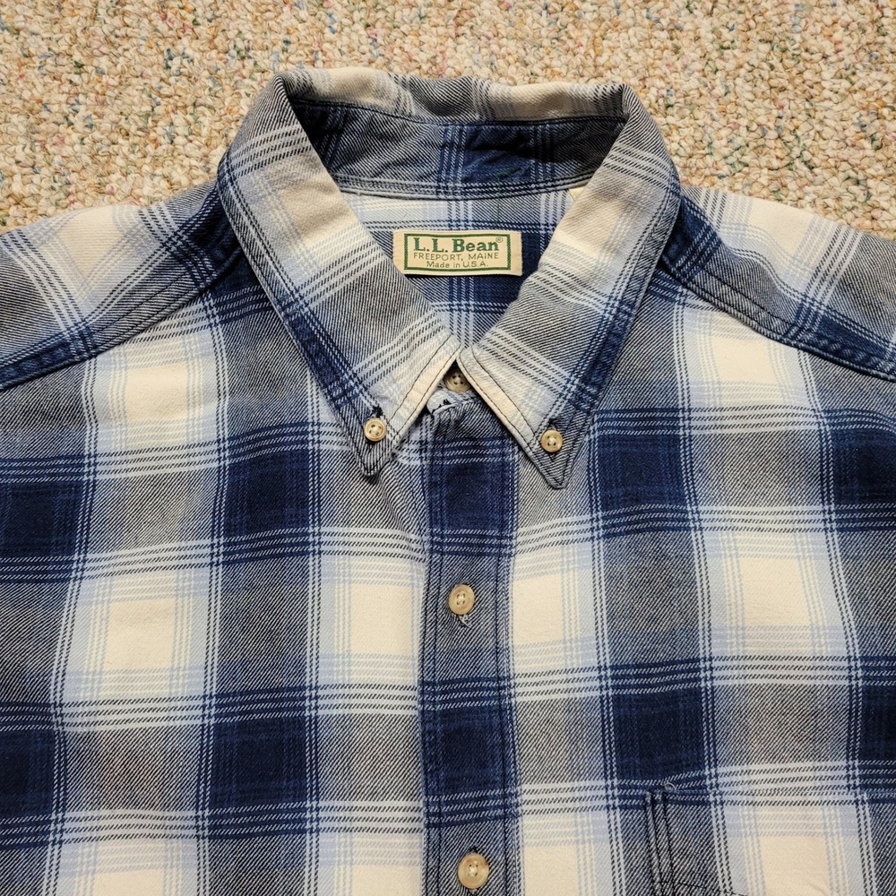 LL Bean Shirt Mens Large Blue Shadow Plaid Flannel Button Down Long Sleeve VTG - Picture 2 of 16